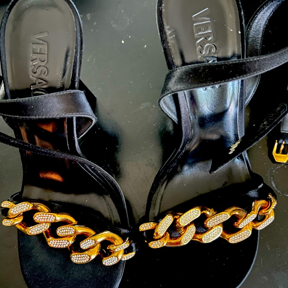 Versace Black Heels with Gold Chain Detail